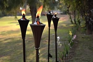 Deco Window 60" Garden Torch Set of 4 Metal Casted Outdoor Backyard Patio Lighting Citronella Oil Lamp with Snuffer & Fiberglass Wick (Brown)