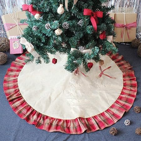 Owude Gonna Albero Di Natale Da 48 Pollici Copertura Tela Di Lino Tela Di Lino Gonna Albero Di Natale Con Bordo In Tartan Scozzese Gonna Albero