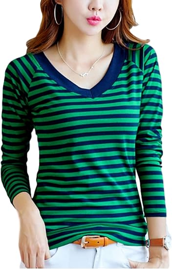 Amazon アクアミー ボーダー 長袖 Tシャツ Vネック カジュアル 長t ストライプ 韓国風 トップス 春 秋 冬 レディース Tシャツ カットソー 通販