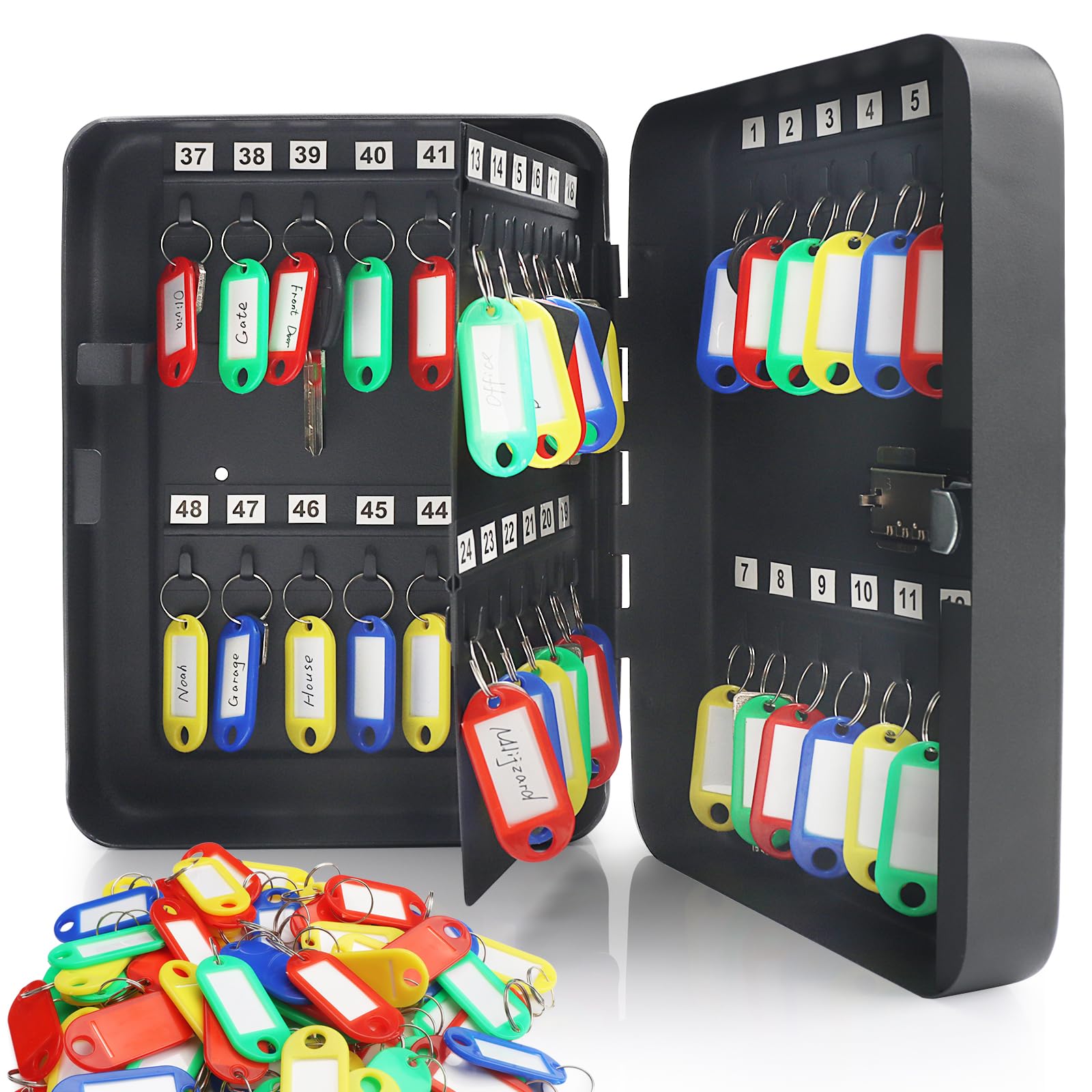 Mlijzard 48 Position Key Cabinet Key Safe Wall Mounted + 100pcs Key Tags, Steel Security Lock Box with Combination Lock Steel Keysafe Key Organizer for Home Office Garage (Black-48Key100Tag)