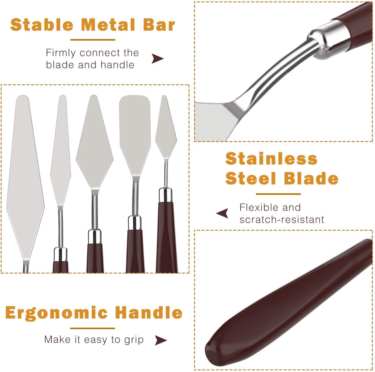 MoKo 5 Pieces Stainless Steel Palette Knife Set, Thin and Flexible Art Tools with Wooden Handle for Oil Painting, Color Mixing, Thick Application Acrylic Painting, Reddish Brown