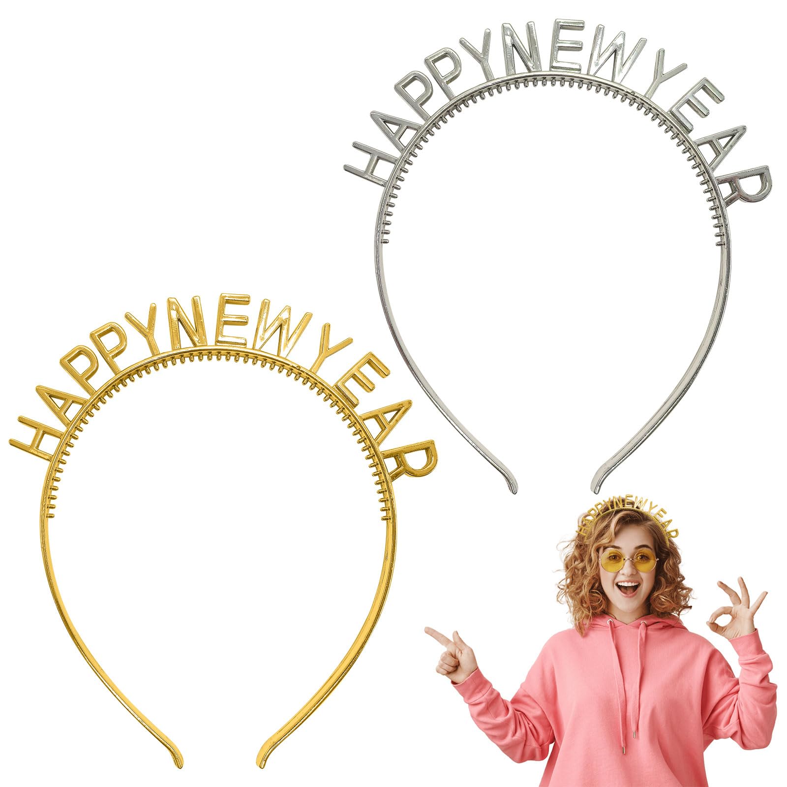 2 Pcs Happy New Year Headband - Eve Party Accessories 2026 for Adults,Nye Hairband Headwear for New Year 2026 Photo Booth Prop,Headdress Hairband for Celebration Party Hair Accessories Supplies
