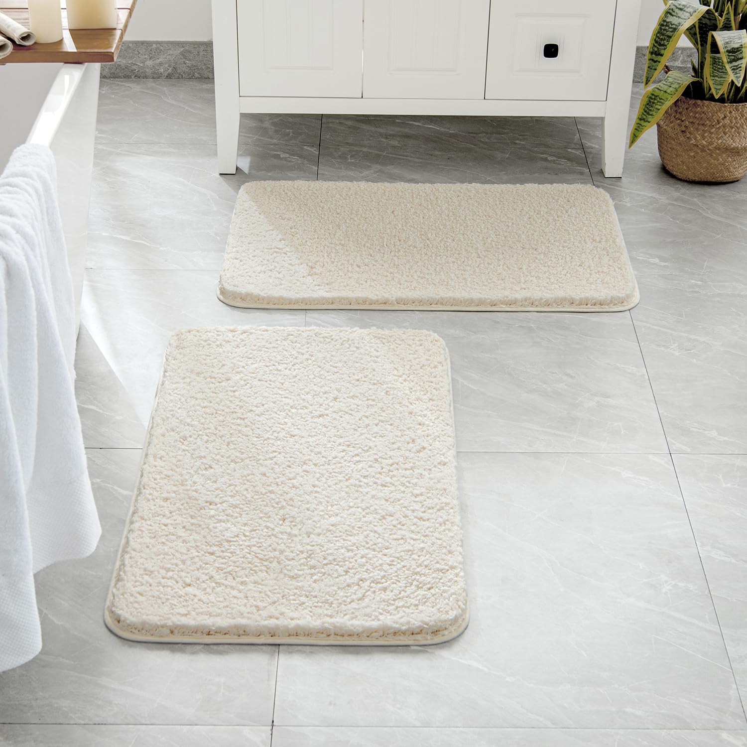 Photo 1 of **PARTIAL SET ONLY 1** MIULEE Set of 2 Non Slip Shaggy Bathroom Rugs Extra Thick Soft Bath Mats Plush Microfiber Absorbent Water for Tub Shower Machine Washable (Ivory, 16x24 Inches)