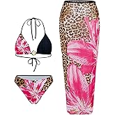 Verdusa 3 Piece Swimsuits for Women Floral Halter String Bikini Top Panty with Sheer Cover Up Skirt