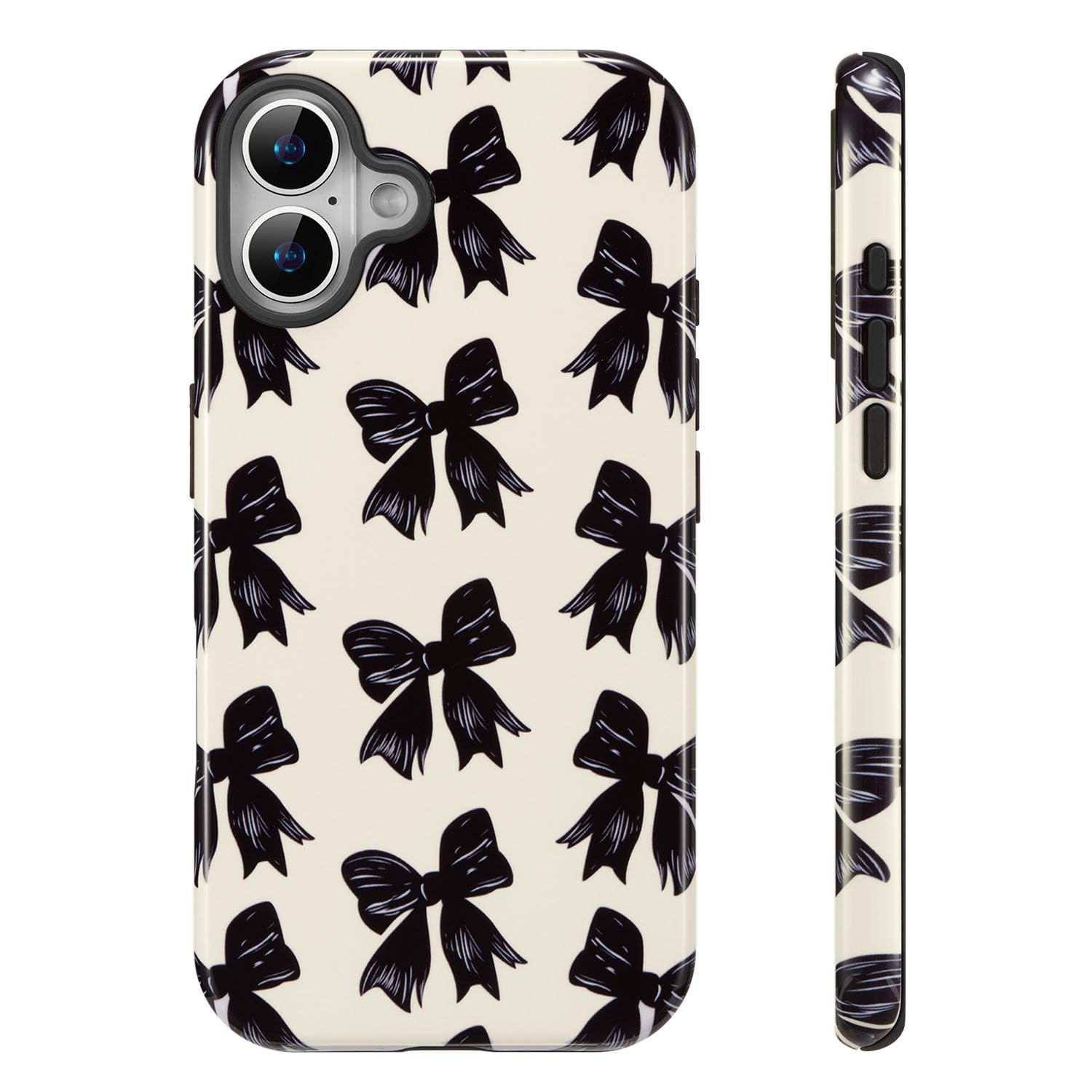 QLTYPRI Case for iPhone 16 Plus, Aesthetic Black Ribbon Bow Phone Case for Girls Women, Protective Hybrid 2-Layer Hard Shell Silicone Cover Durable Shockproof Phone Cover - Beige