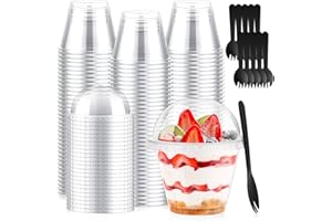 50 Set Plastic Dessert Cups, 9 oz Clear Parfait Cup with Dome Lids & Black Spoons, Disposable Fruit Dessert Cups with Lid for