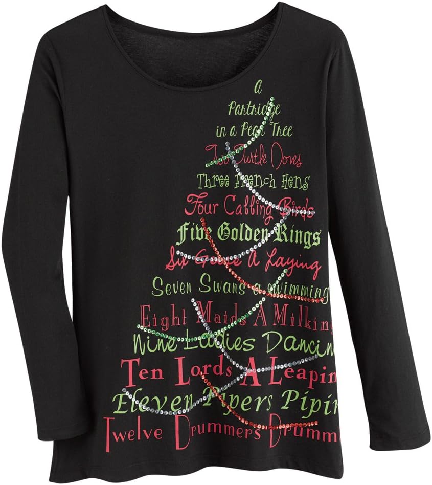 Women's Long Sleeve T-Shirt - 12 Days Of Christmas Tree Black Tee - 2X