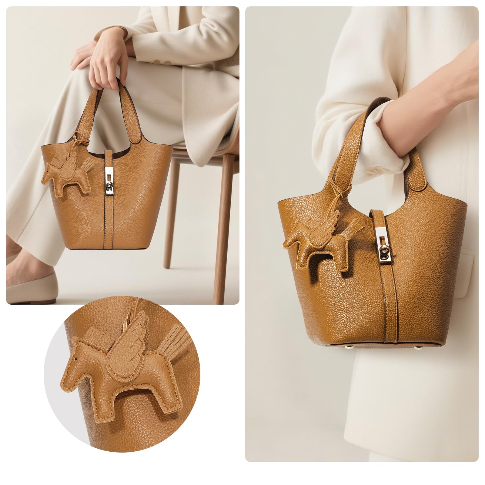 Kadynow Tote Bag for Women Vegan Leather Bucket Purse for Women Top Handle Handbag Shoulder Bag with Detachable Small Purse