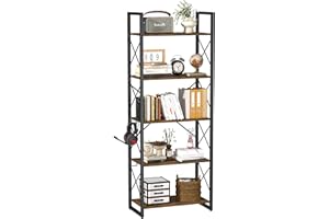 RKVPCNE Bookshelf 5 Tier Tall Bookcase Shelf, Book Case Wood Industrial Rustic Standing Bookshelves with Storage Hooks Modern Wide Metal Ironck Book Cases Open Shelves for Bedroom Living Room Office CDs Brown