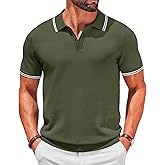COOFANDY Men's Knit Polo Shirts Short Sleeve Casual Button Golf Polo Shirts Collared T Shirt Army Green