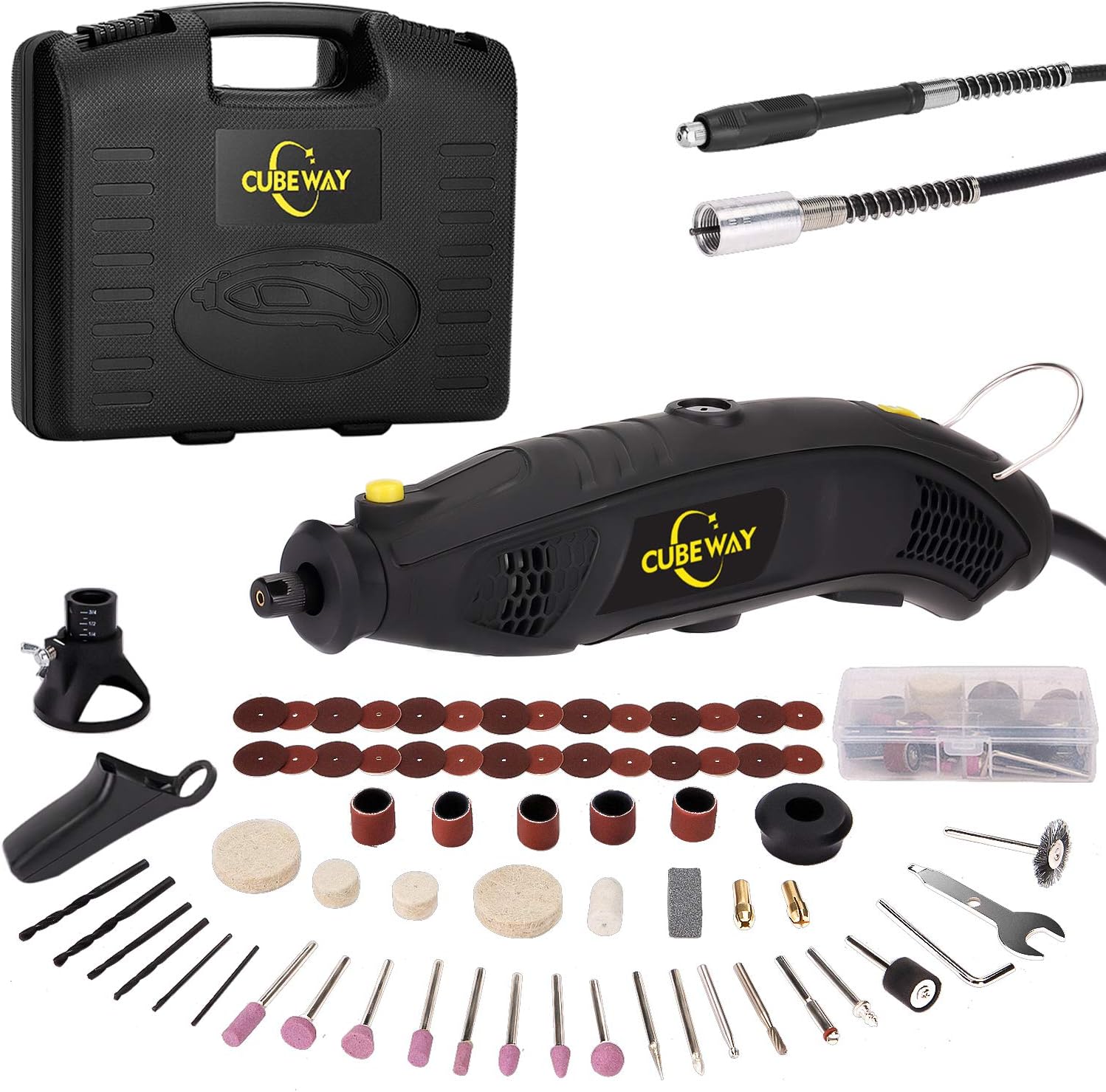Rotary Tool Kit, 1.5Amp High Power Variable Speed Rotary Tool with Flex Shaft, 3 Attachments and 112pcs Accessories for Crafting Projects and DIY Creations, CUBEWAY
