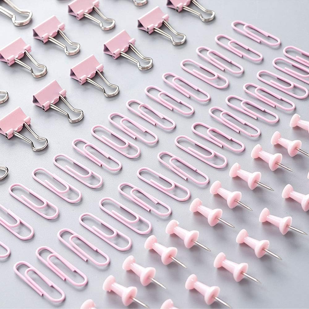 Decorative Pink Paper Clips,Binder Clips,Clear Flat Plastic Head Steel Point Push Pins Sets And Holder For Wall Corkboard,Map,bulletin Board,Crafts,Home,And Office Supplies,72 Pcs Assorted Sizes(Pink)