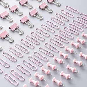 Decorative Pink Paper Clips,Binder Clips,Clear Flat Plastic Head Steel Point Push Pins Sets And Holder For Wall Corkboard,Map,bulletin Board,Crafts,Home,And Office Supplies,72 Pcs Assorted Sizes(Pink)