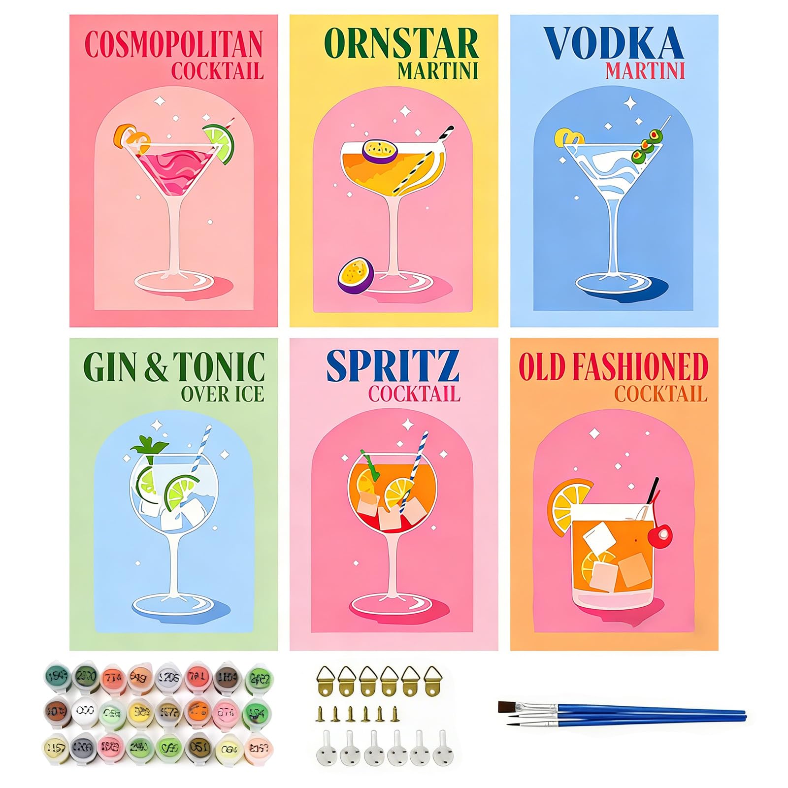 Flhlxzm Paint by Numbers for Adults, 16 Pcs DIY Acrylic Paint by Numbers Kits with Brush Paints Hook, 30 × 20 cm Cocktails Canvas for Painting Without Frame, Easy Paintwork Art Set