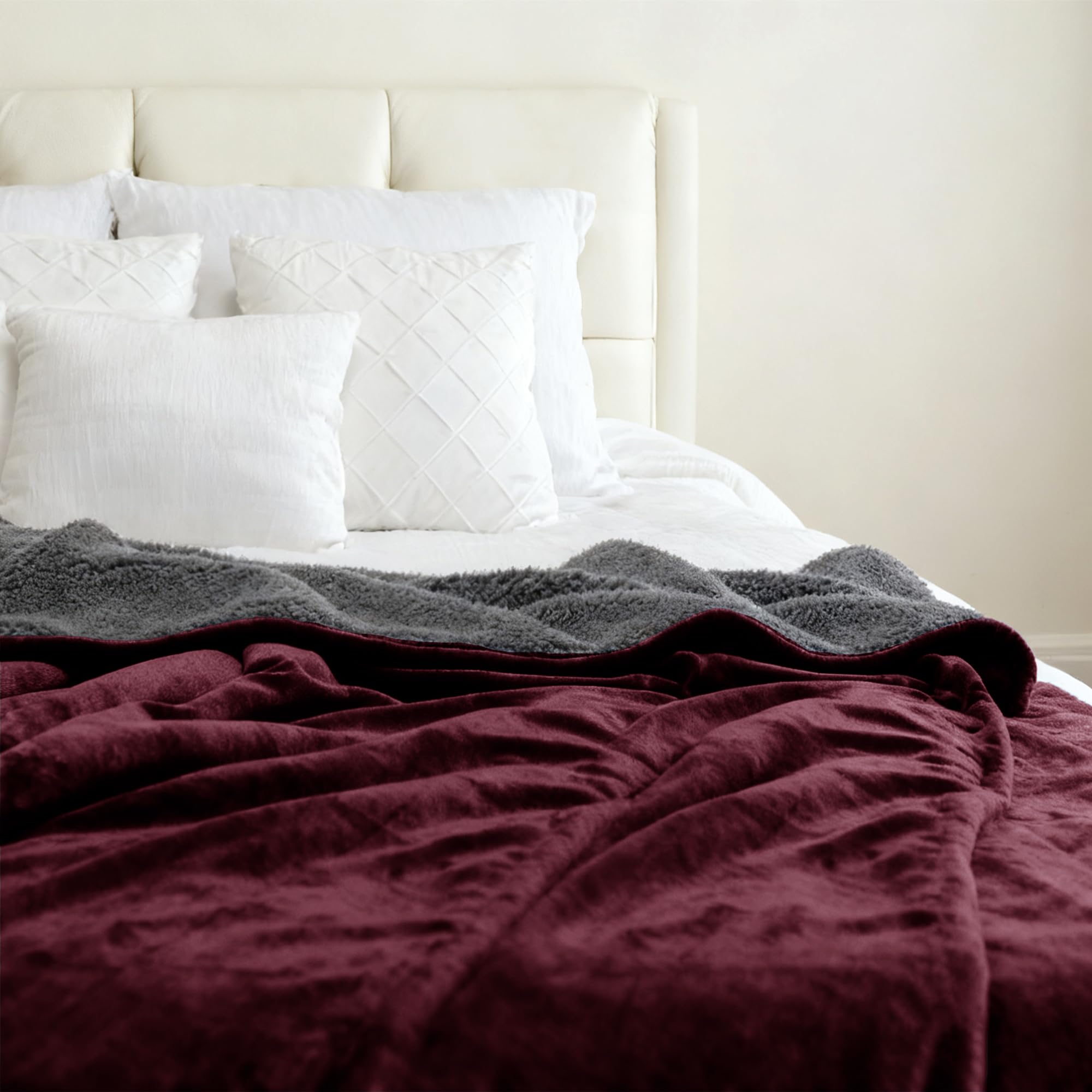 Genteele Sherpa Throw Blanket Super Soft Reversible Ultra Luxurious Plush Blanket, 90 x 90 inches, Rich Burgundy Red/Gray Image