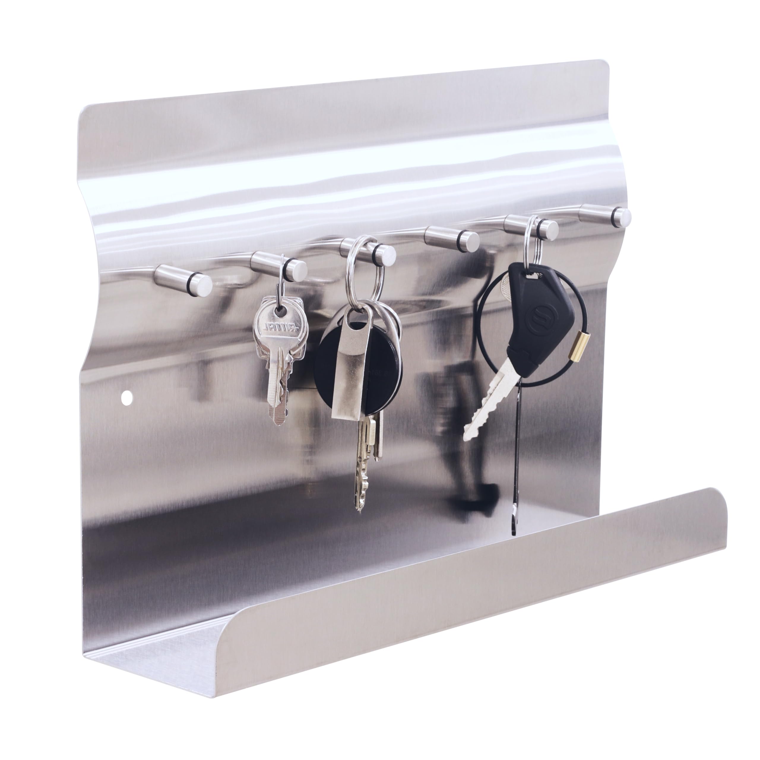 RICOO Modern Key Holder for Wall, MB6001 Stainless Steel Key Rack with Shelf, Magnetic Wall for Notes and Storage, 30x7x20cm, Silver - Optimal for Organizing Entryway, Kitchen, Office