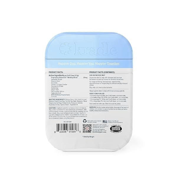 KRADLE HIP AND JOINT CHEWS FOR DOGS – DAILY MOBILITY & JOINT HEALTH SUPPLEMENT – SOFT CHEWS WITH GLUCOSAMINE, CHONDRIOTIN, MSM, HYALURONIC ACID & TURMERIC – 75 CHEWS