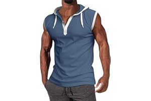 WENKOMG1 Mens Henley Tank Tops Solid Sleeveless Workout Hoodie Shirt Summer V Neck Button Down Active Hooded Gym Tees