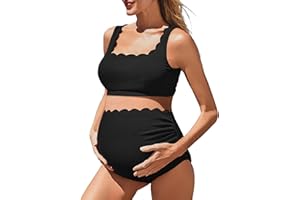 Jarden Tales Scalloped Maternity Two-Piece Swimsuit Bikini High Waisted Pregnancy Bathing Suit with Bow Tie Back Swimwear