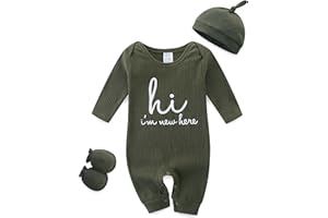 BIBIMOM Baby Romper with Baby Mittens & Newborn Hats Footless Long Sleeve Solid Onesie Hi Im New Here