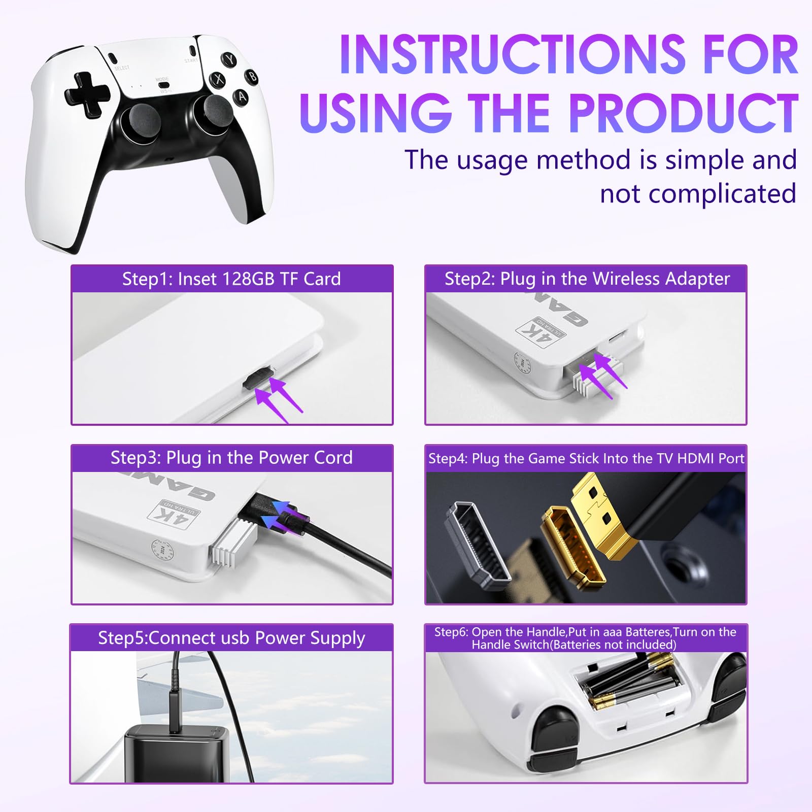2025New Retro Game Console,40000+Games and 23 Emulators, with Dual 2.4G Wireless Controllers, Plug and play 4K HD HDMI TV Game Stick White (128GB)