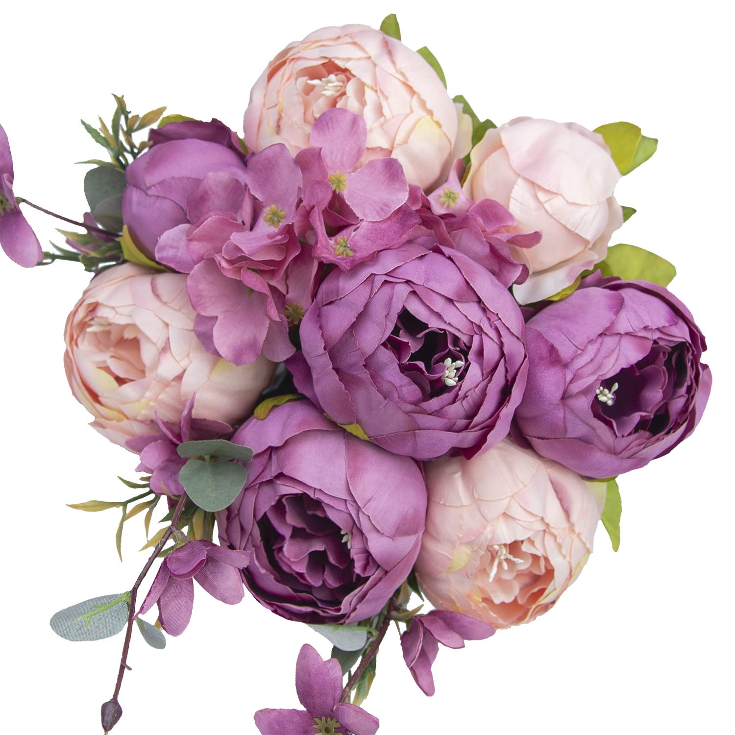 HUAHUASHIJIE Vintage Artificial Peonies Silk Peony Flowers Bouquet for Wedding Bridal Home Décor – Beautiful Floral Centerpiece Arrangement Decoration with 1 Bouquets (Plum & Pink)