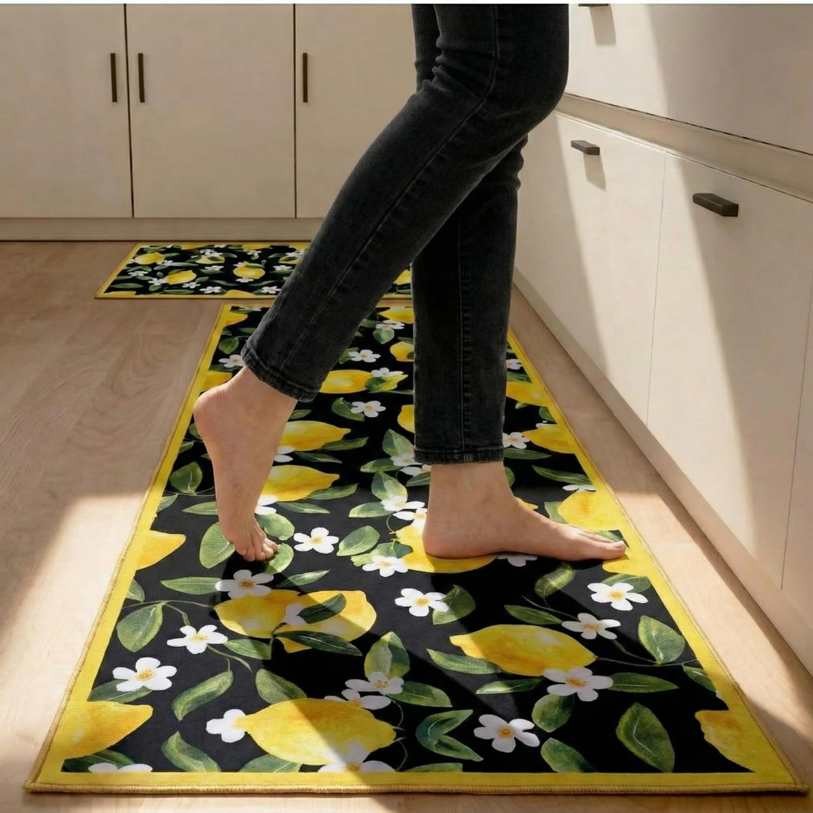 Photo 1 of Sliner Black 2 Pcs Lemon Kitchen Mats Lemon Kitchen Rugs for Floor Washable Soft Non Slip Carpet for Bathroom Sink Laundry Decor, 17" x 30" + 17" x 47"