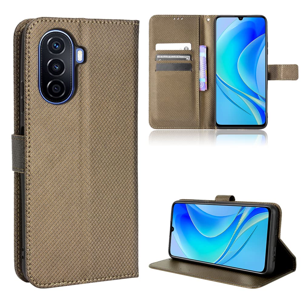Wallet Case for Huawei nova Y70/Y70 Plus Case, diamond pattern Wallet PU Leather Phone, with Card Holder Kickstand Magnetic Closure Cover for Huawei nova Y70/Y70 Plus-Brown