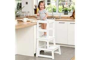 WIIFO Kids Kitchen Step Stool for Kids with Safety Rail,Solid Wood Construction Toddler Learning Stool, Montessori Toddlers Kitchen Stool Tower (White)