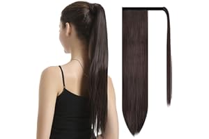 BARSDAR Straight Ponytail Extension - 26 Inch Long Straight Wrap Around Ponytail for Women Clip in Ponytail Hair Extensions Synthetic Brown Hair Pony Tails Hairpieces Daily - Dark Brown