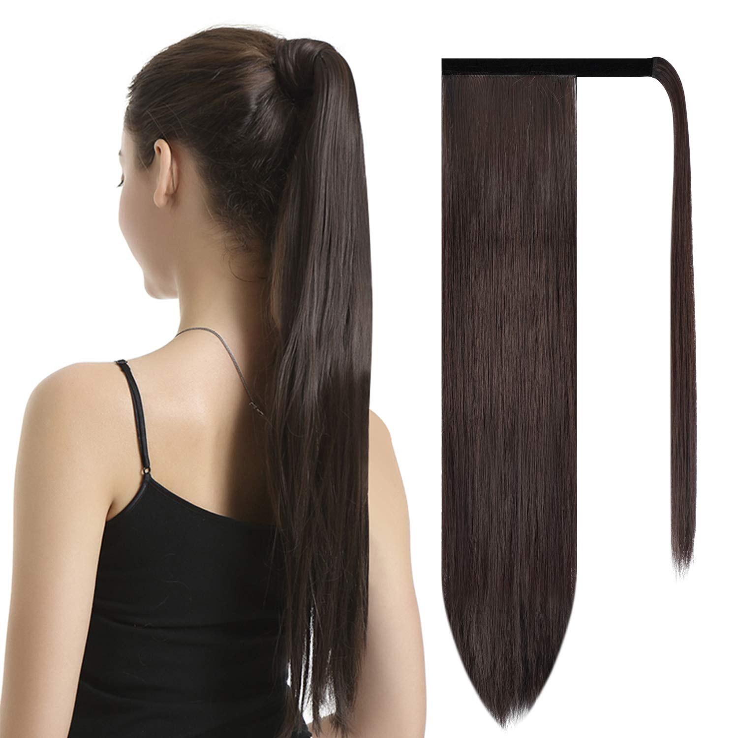 Photo 1 of BARSDAR Dark Brown Straight Wrap Ponytail Extension - 26 Inch Long Straight Wrap Around Ponytails for Black Women, Clip in Ponytails Hair Extensions Synthetic Brown Pony Tails Hairpieces