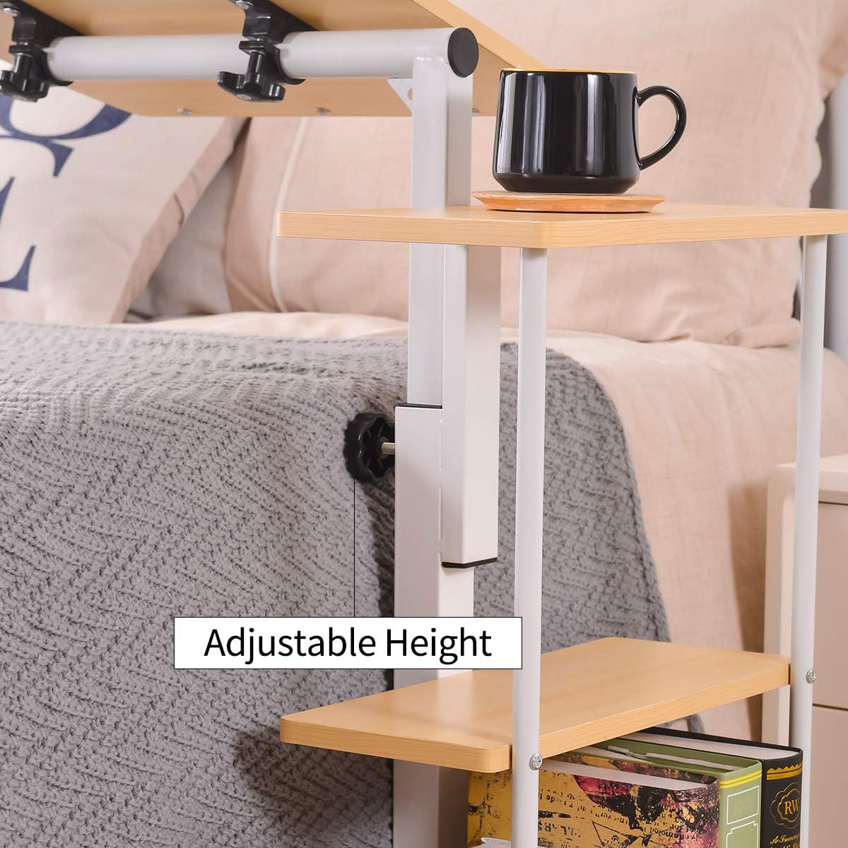 Natwind Overbed Laptop Table with Lockable Wheels Portable Rolling Movable Table Adjustable Angle & Height Laptop Stand Cart with Three-Level Shelf for Bed or Sofa Brown : Office Products