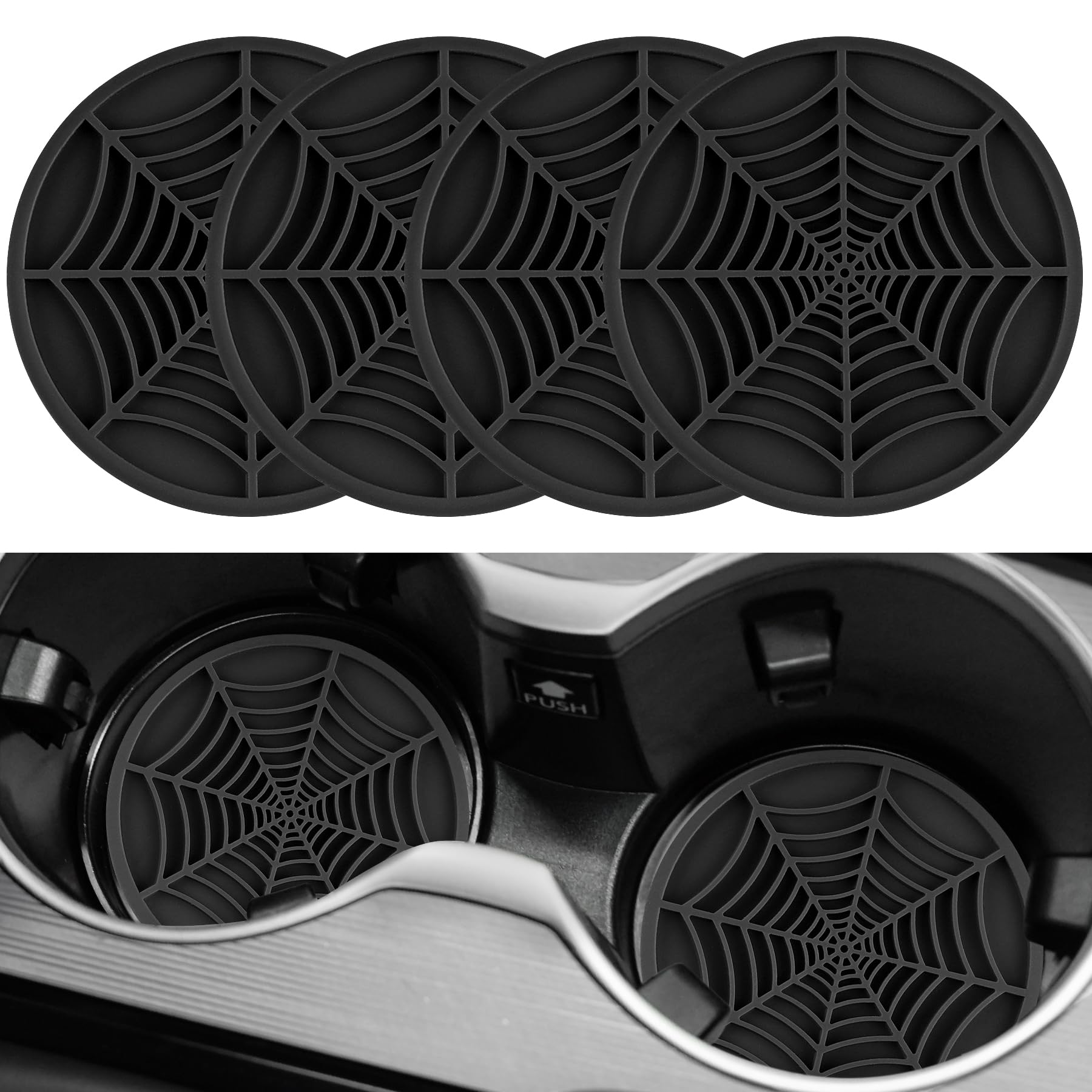 Photo 1 of Alpmosn 4PCS Spider Web Car Coasters for Cup Holders, Halloween Funny Non-Slip Silicone Insert Ornaments Coasters, Automotive Cupholder Goth Accessories for Men & Women(Black)
