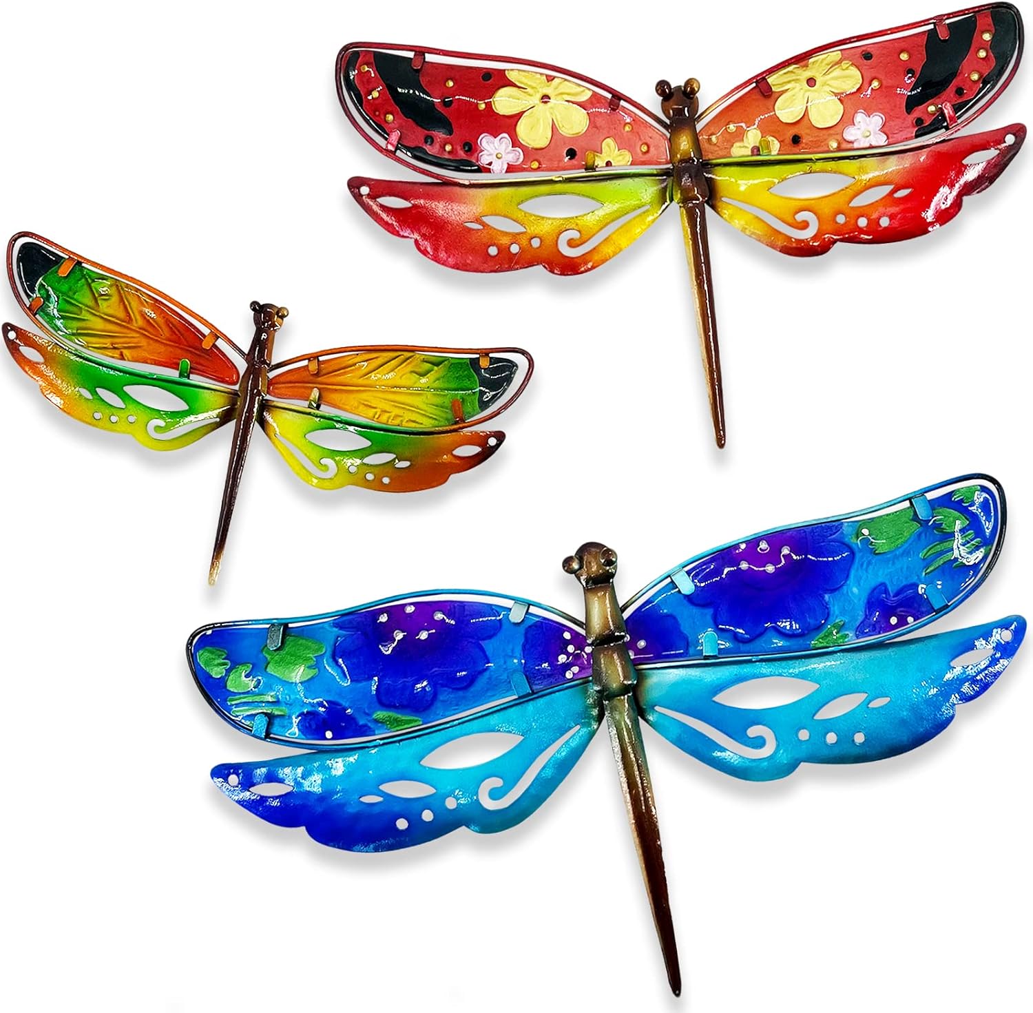 Plaques & Wall Art - John's Studio Dragonfly Wall Decor Outdoor Metal Garden Hanging Art Glass Sculptures Home Insect Theme Decorations for Living Room, Bedroom Yard, Fence and Patio - 3 PCS