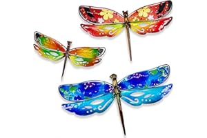 John's Studio Dragonfly Wall Decor Outdoor Metal Garden Hanging Art Glass Sculptures Home Insect Theme Decorations for Living Room, Bedroom Yard, Fence and Patio - 3 PCS