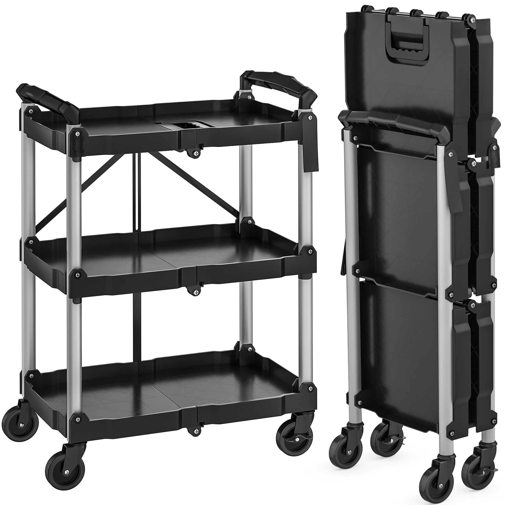 Photo 1 of YITAHOME 240LBS Folding Utility Cart with Wheels, Foldable Utility Service Cart 3 Tier Collapsible Rolling Cart with 360°Swivel Wheels (2 with Brakes), Portable Cart for Home Garage Restaurant Office