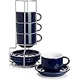 Sweese 8 Ounce Porcelain Stackable Cappuccino Cups with Saucers and Metal Stand - for Specialty Coffee Drinks, Cappuccino, Latte, Americano and Tea - Set of 4, Navy