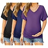 Ekouaer 3 Pack Maternity Shirts V Neck Dolman Sleeve Side Ruched Pregnancy Tops Tunic Blouse