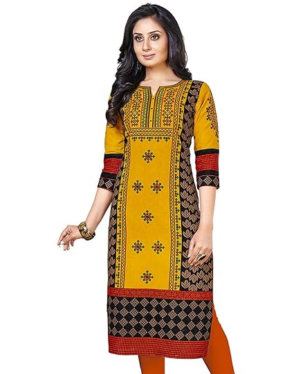 Gold & Multicolor Women's Cotton Printed Readymade Stitched Kurti/Kurta (K-1206)