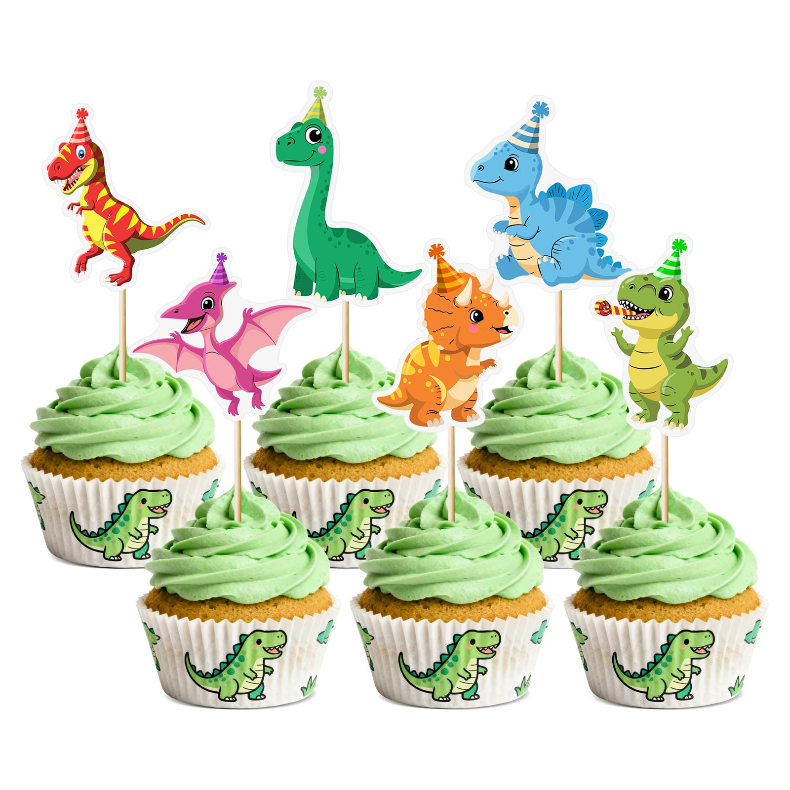 Nymora 36PCS Cartoon Dinosaur Cupcake Toppers Cute Dino Cake Picks with 6 Adorable Designs Dinosaur Birthday Party Decorations for Kids Baby Shower Dessert Table Supplies