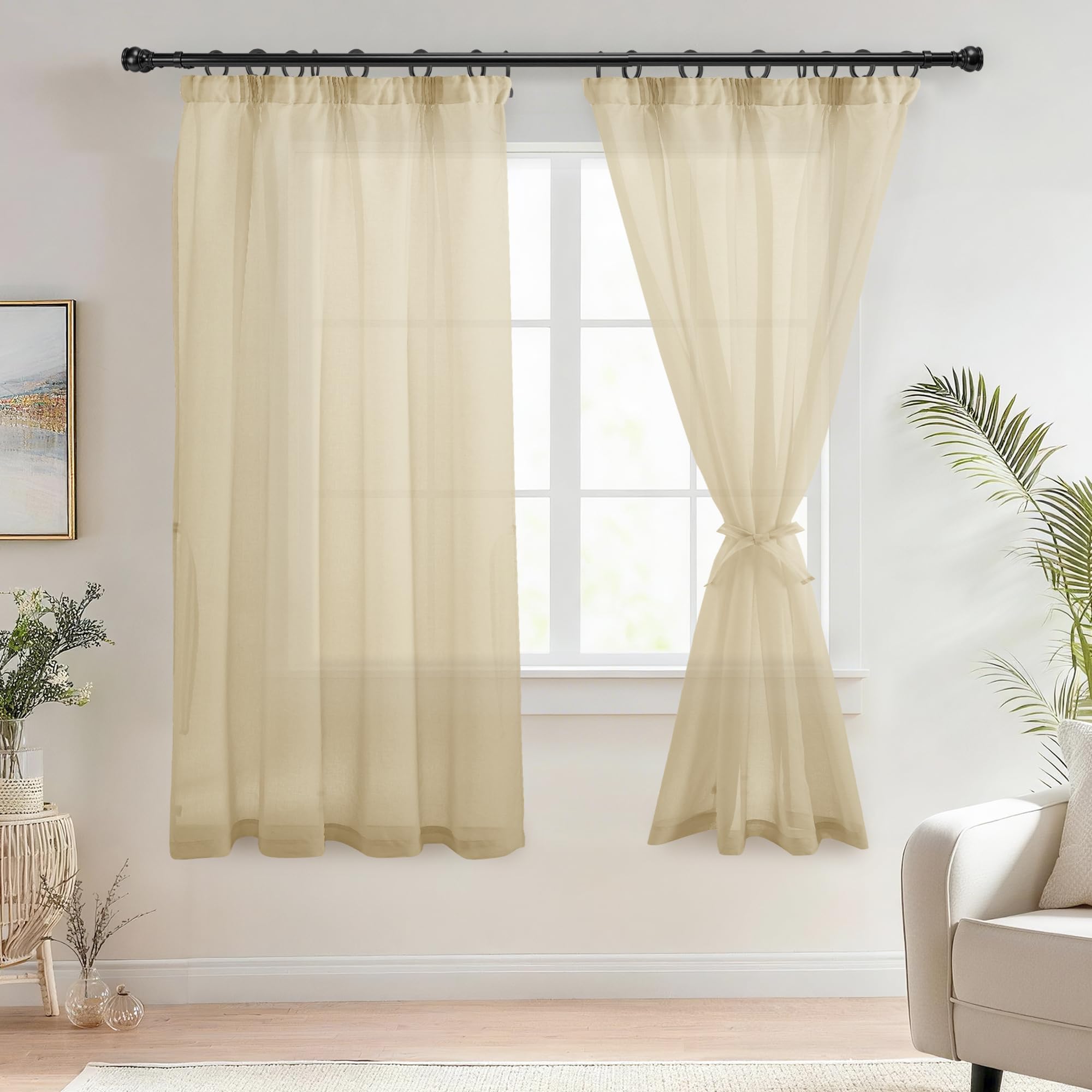 DWCN Voile Curtains Pencil Pleat Curtains with Tiebacks Net Curtain for Windows Tape Top Sheer Curtain 2 Panels, Beige, W52 x L63 Inch