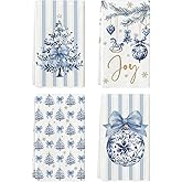 Artoid Mode Blue Porcelain Ornaments Xmas Tree Christmas Kitchen Towels Dish Towels, 18x26 Inch Farmhouse Holiday Winter Decoration Cleaning Set of 4