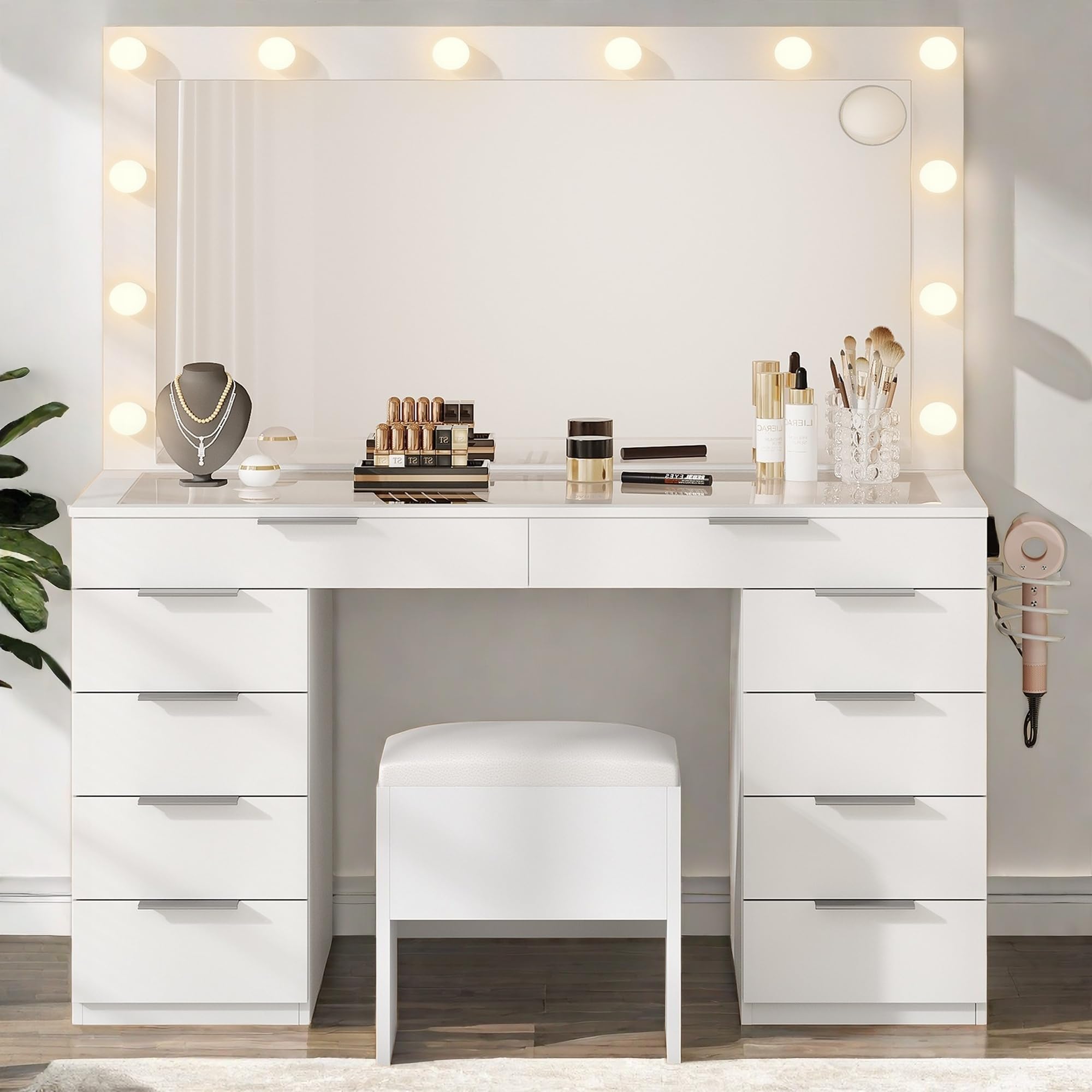 DWVO Vanity Desk with LED-Lit Mirror & Lights, 46'' Makeup Vanity Set ...