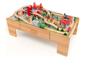 HONEY JOY Train Table, 2 in 1 Wooden Kids Activity Table w/Storage, 100 Multicolor Pieces, Tracks, Trains, Cars, Toddler Trai