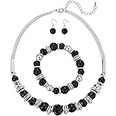 PEARL&CLUB Silver Beaded Statement Necklaces for Women Chunky Bead Necklace Bracelet and Earring Costume Jewelry Sets Gifts for Mom