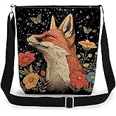 LiuenMgg Floral Fox Print Canvas Crossbody Bag, Adjustable Strap Lightweight Purse with Top Zipper & Inner Pocket, Daily Shoulder Bag Gift for Women -1