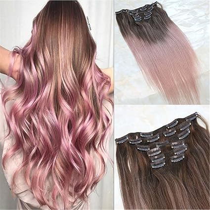 Hairdancing 14 Full Head 100 Real Human Hair Clip In Ombre Real Hair Extensions Balayage Color Brown Fading To Color Rose Gold Thick Virgin Hair