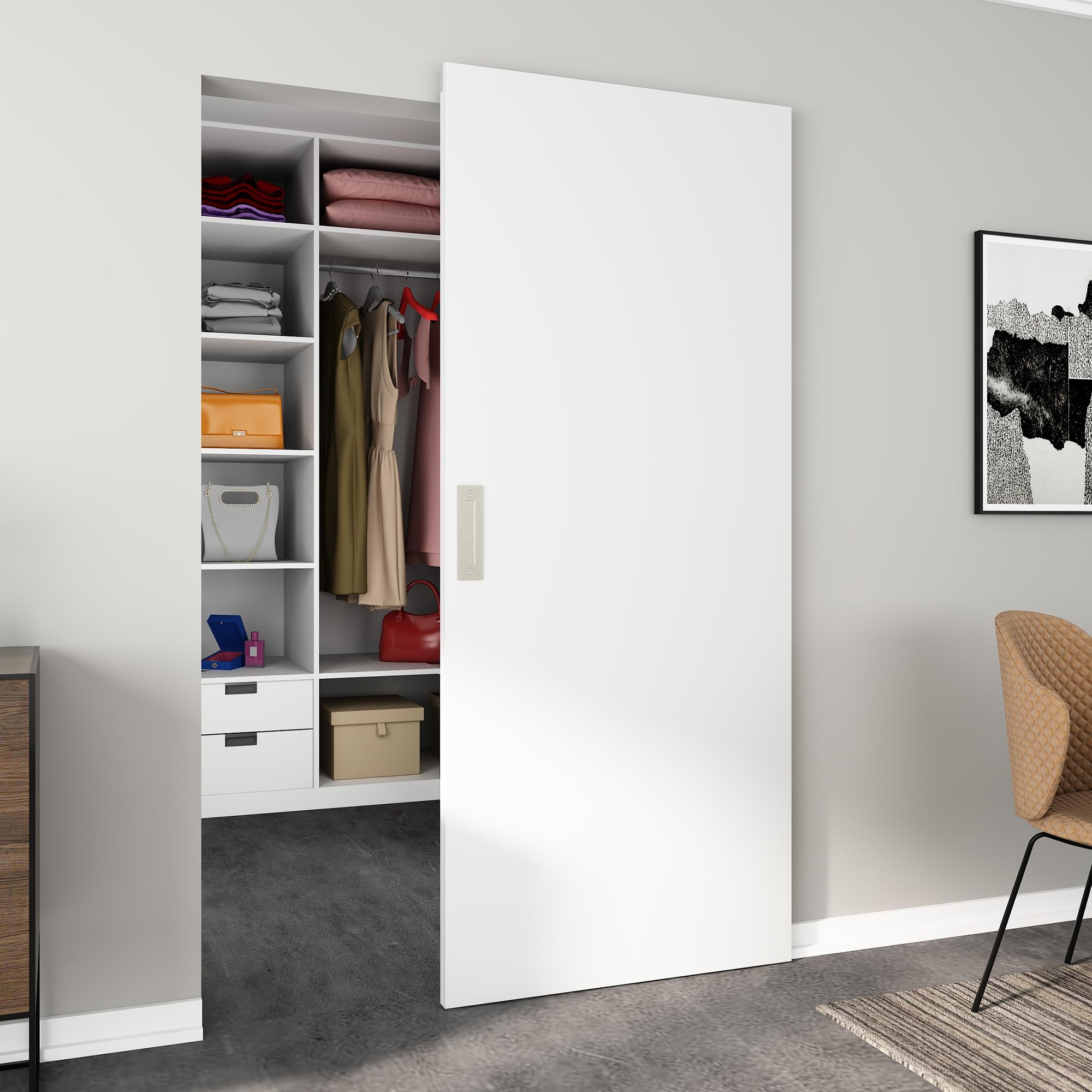 Photo 1 of **MAJOR DAMAGE**
JUBEST 36"x84" Flush Solid Core White Primed Concealed Sliding Hidden Barn Door with Soft Close Installation Hardware and Double Sided Pulls Included