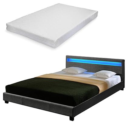 Corium Hochwertiges LED-Bett aus Stoff 140x200cm dunkelgrau inkl. Fernbedienung + Matratze