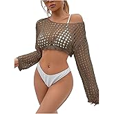 SHENHE Women's Crochet Hollow Out Drop Shoulder Sweater Sheer Long Sleeve Sweater Top